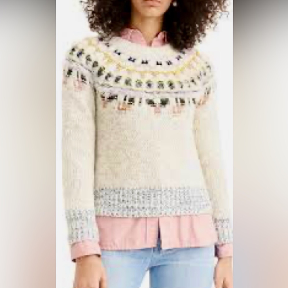The Reeds Women's Crewneck Fair Isle Wool Blend Knit Sweater Beige Sz XS